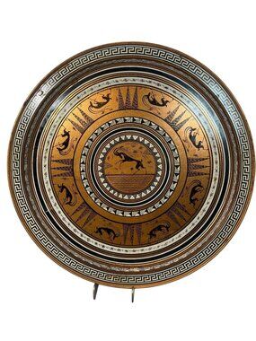 Vintage Grecian Design Decorative Metal Tray With Gold & Black Mythological Moti